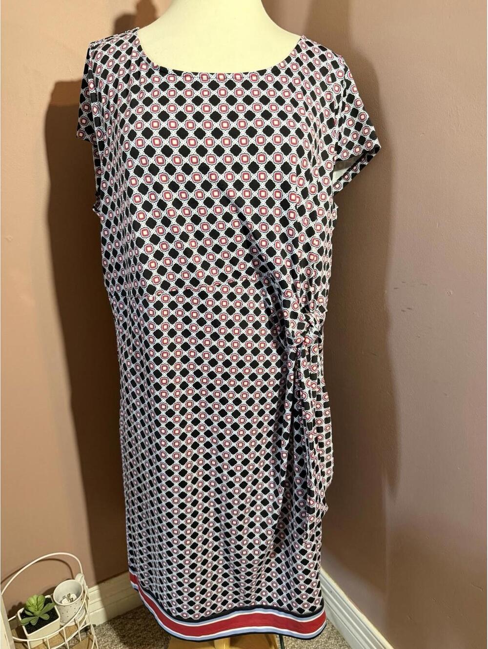 Talbots Faux Wrap Dress Womens 2X Navy Red Geometric Print Sleeveless New